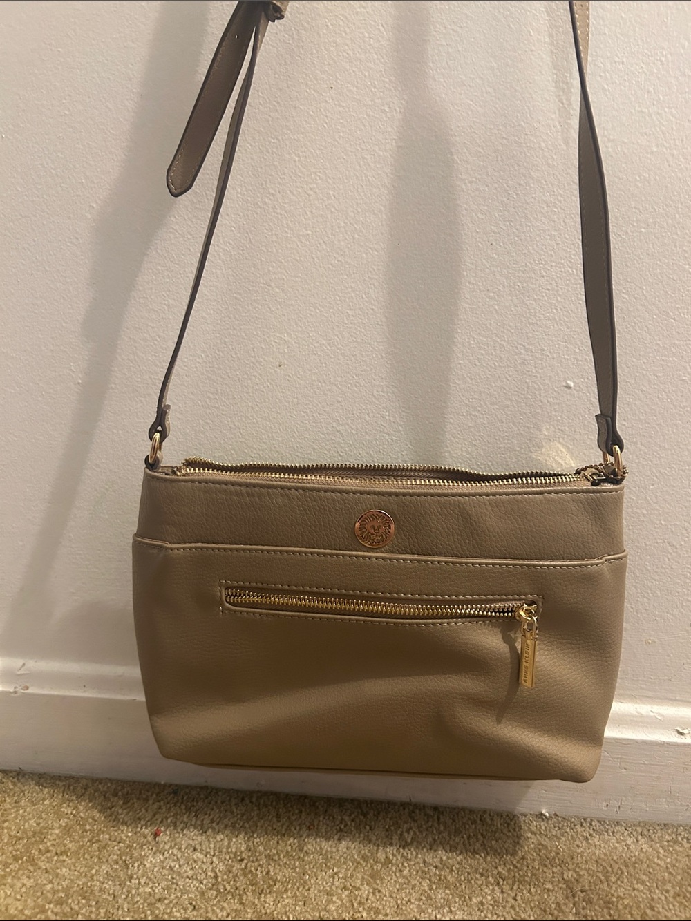 Anne Klein Taupe Faux-Leather Crossbody Bag with Gold Accent